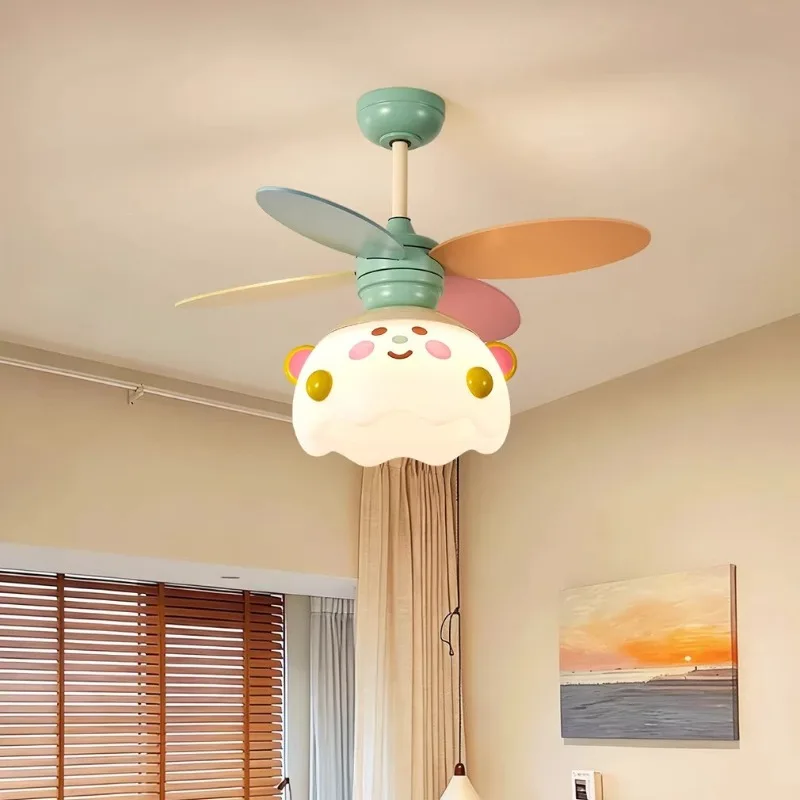 

Cute Macaron Cream Style Ceiling Fan Lights Children's Bedroom Eye Protection Ceiling Fan Lamps Girl Bedroom Silent Color Decor