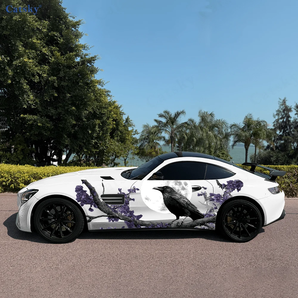 

CATSKY.2 шт. Ретро изысканная крутая темная панк-ворона, полнолуние и взрывное дерево, наклейка на автомобиль (декоративная и устойчивая к царапинам,