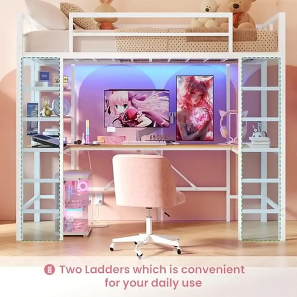 Twin Loft Bed with U-Shaped Desk Charging Station LED Lights Open Shelves Safety Guardrails Sturdy Steel Frame Easy Assembly image 4