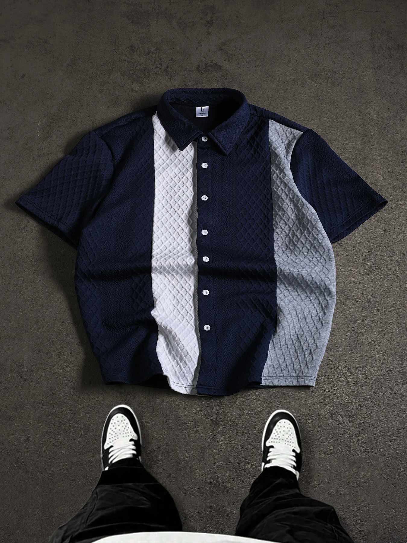 Men's Navy Blue and White-Gray Color-Blocked Vertical Striped Short-Sleeve Collared Shirt, Diamond Jacquard Texture Fabric, Loose-Fit Open-Front Casual Summer Top