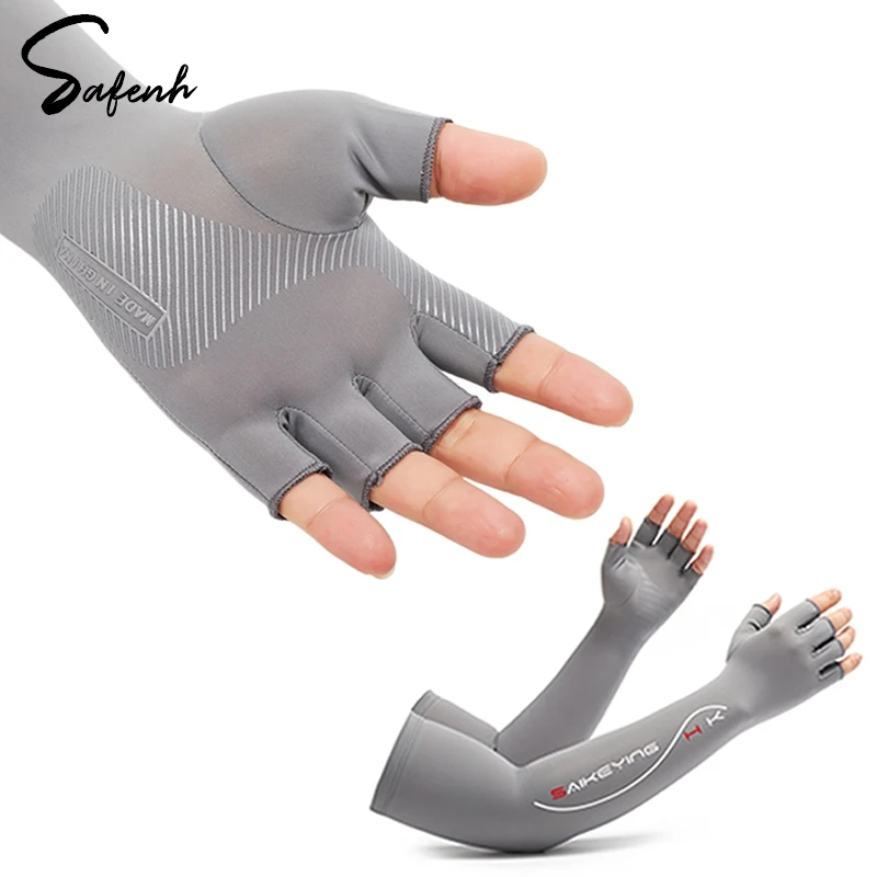 Mangas de brazo de protección solar de pesca para hombres, seda de hielo, mangas elásticas de protección UV, guantes de medio dedo, Mangas de ciclismo al aire libre, Verano