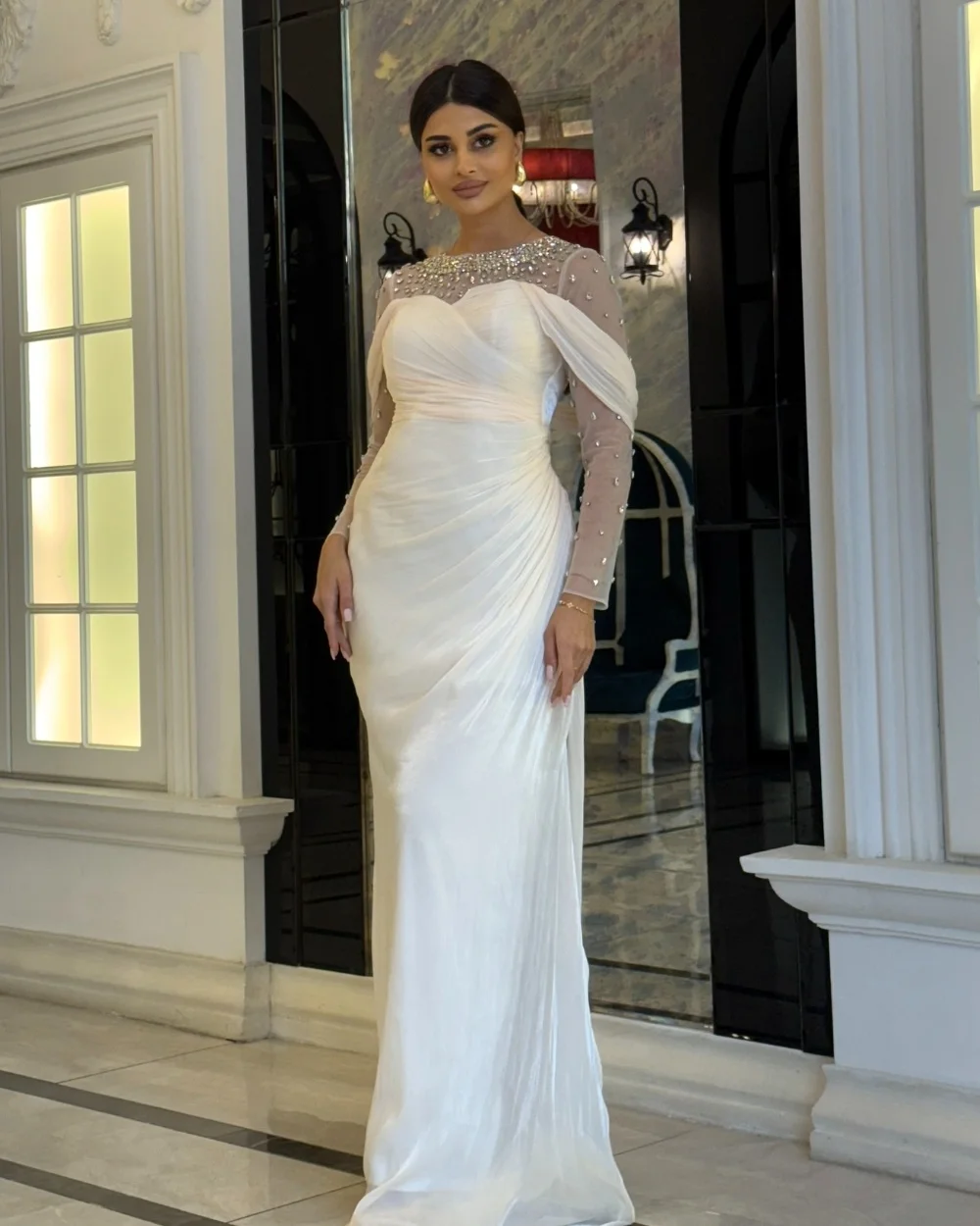 Customized Intricate Matching Chiffon Pleat Draped Rhinestone Straight Scoop Neck Long Dresses Bespoke Occasion Dresses Formal