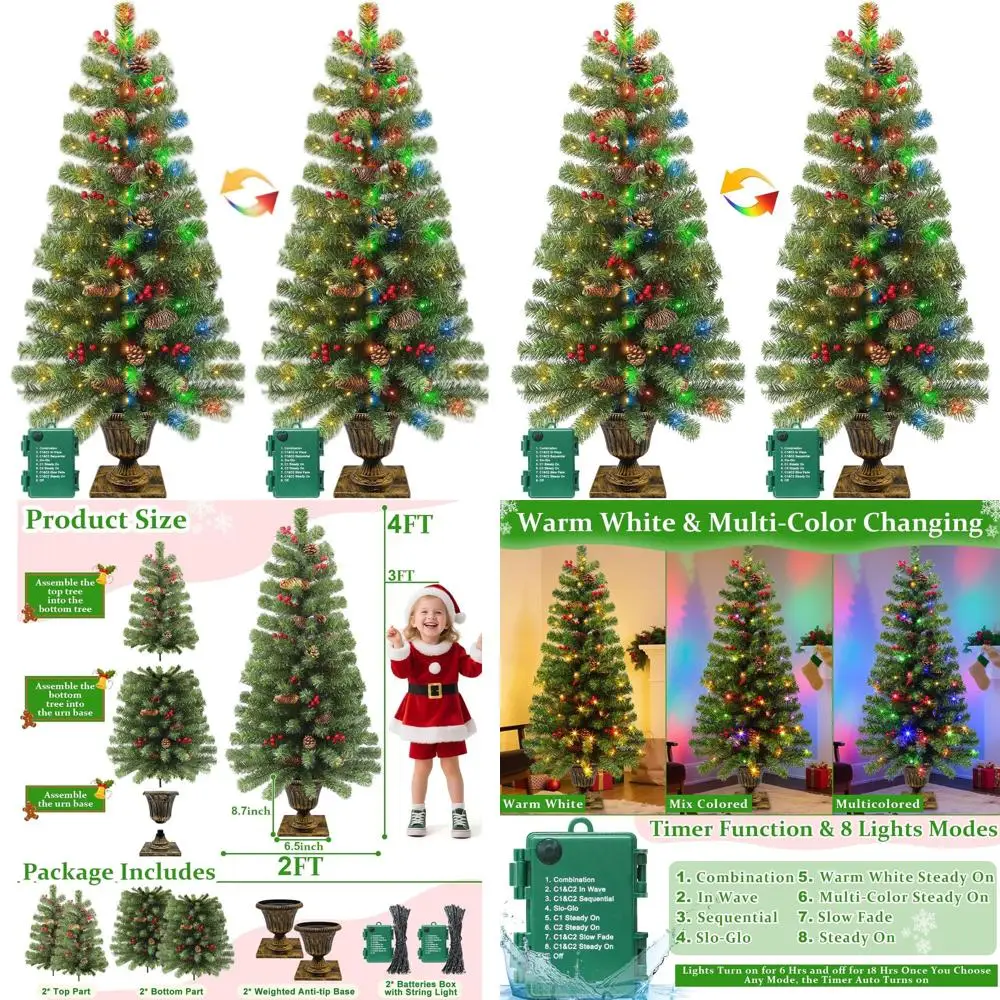 

Искусственная рождественская елка длиной 4 фута на батарейках с 60 светодиодами, двойным изменением цвета, 8 режимами и таймером, идеально подходит для улицы и дома