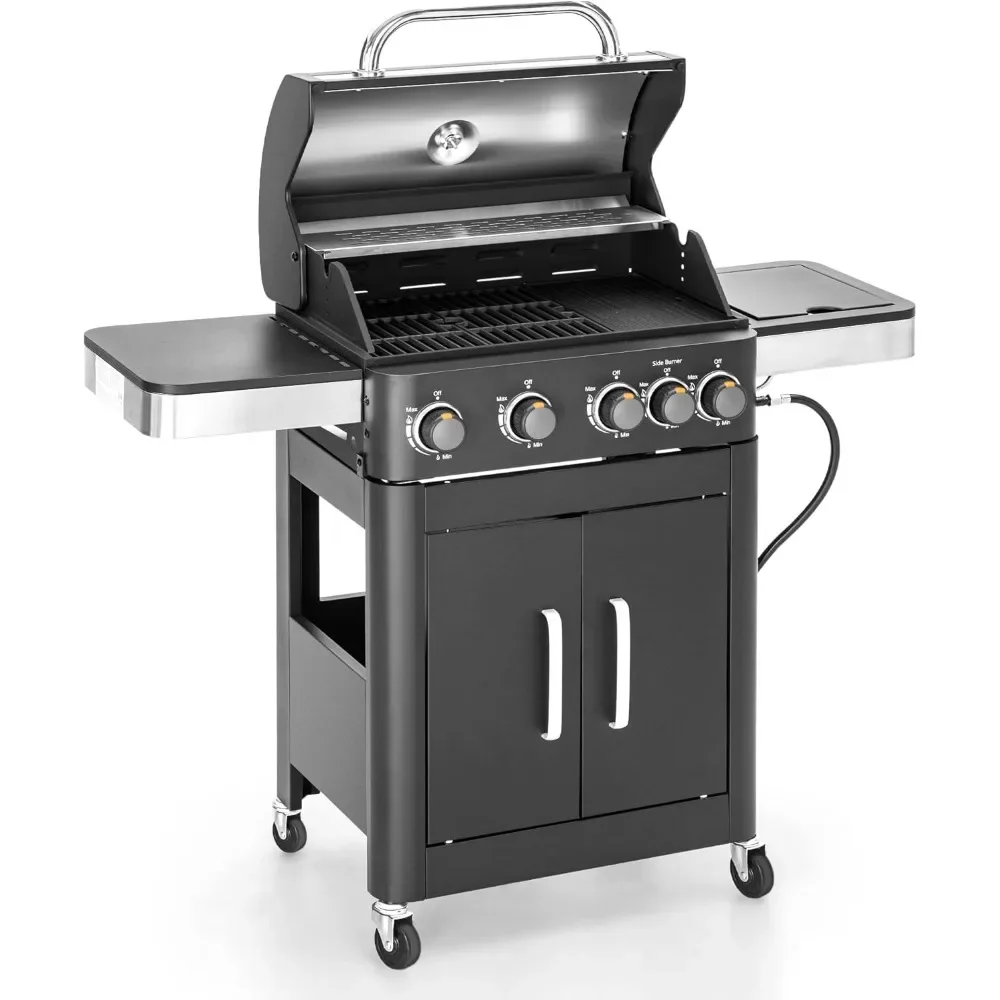 

5 Burners Propane Gas BBQ Grill with Side Burner and Porcelain-Enameled Cast Iron Grates 46,700 BTU Outdoor Cooking Kitchen