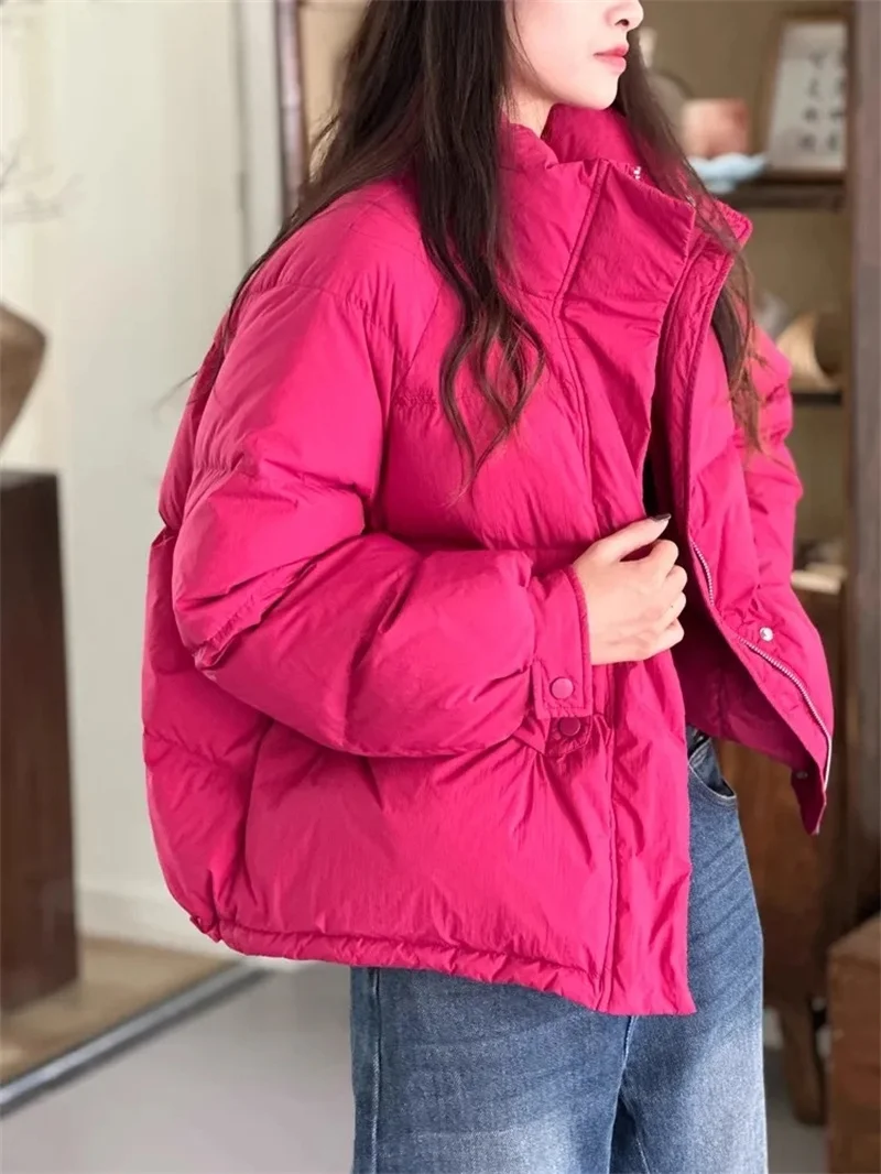 2024 New Korean Women Winter Warm Puffer Jackets Fashion Parkas Stand Collar Zipper Loose Coat Long Sleeve Lightweight Outerwear