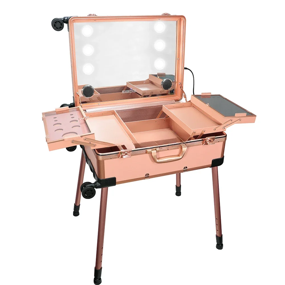 

Aluminum 4 Wheels Professional Rolling Cosmetic Makeup Suitcase Train Case With Lighted Mirror LED Light makeup trolley case