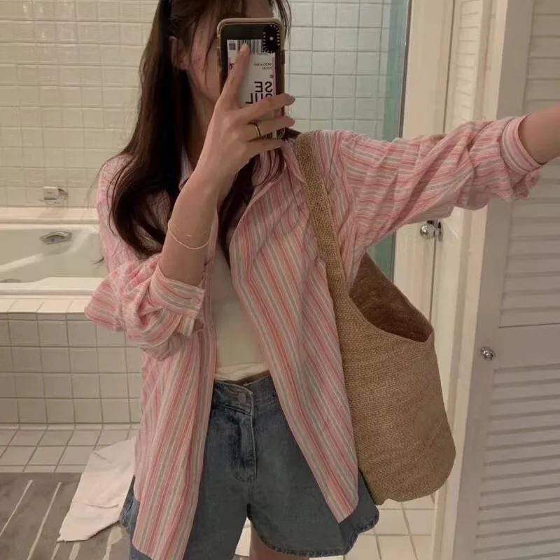 

Loose Striped Long Sve Women's irt Korean Sle Slim Fit Top Thinming Long irt Spring Summer Casual Fem Blouse