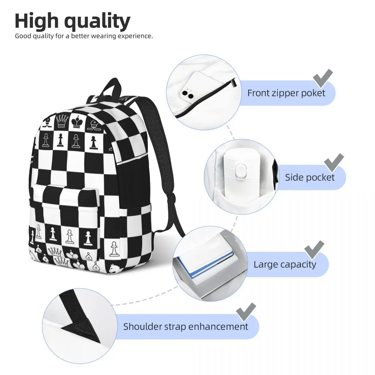 Men Women Backpack Large Capacity School Backpack for Student Black And White Chess Board School Bag