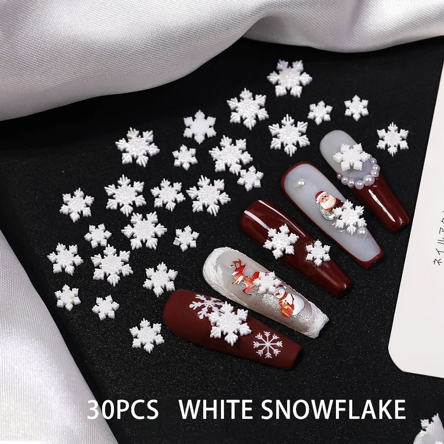 30Pcs Matte White 3D Snowflake Nail Decorations, Multi Size Winter Snowflake Nail Charms Christmas Manicure Nail Art Accessories