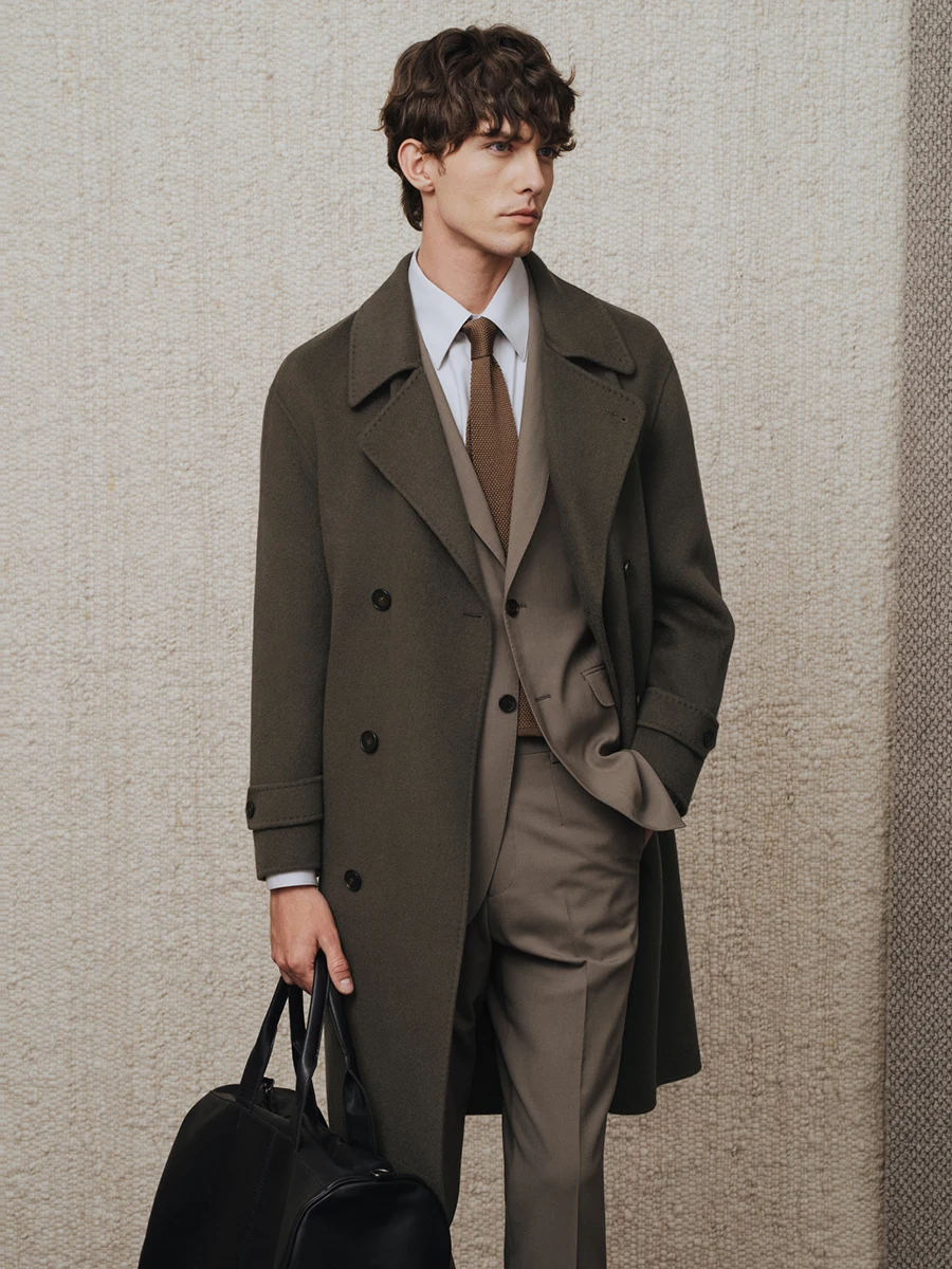 معطف كشمير 95% من الصوف 5% للرجال معطف شتوي مزدوج الصدر مع طية صدر السترة متوسطة الطول من مزيج الصوف الثقيل للأعمال