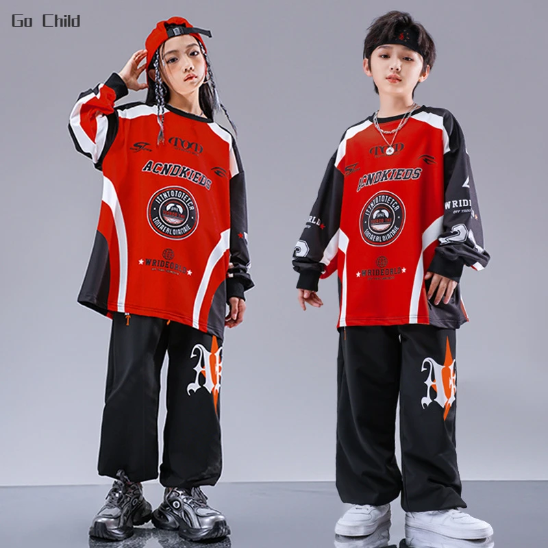 

Boys Hip Hop Contrast Sweatshirt Sports Pants Girls Street Dance Loose Graffiti Top Clothes Sets Kids Children Jazz Sportwear