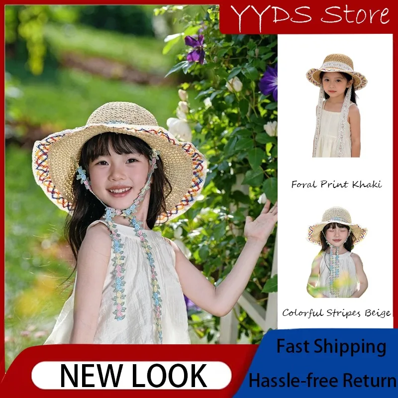 夏用エスニック織り大きなつばの麦わらバケットハット-uv保護サンキャップ-女の子用-ビーチバケーション-アウトドア-日常旅行用