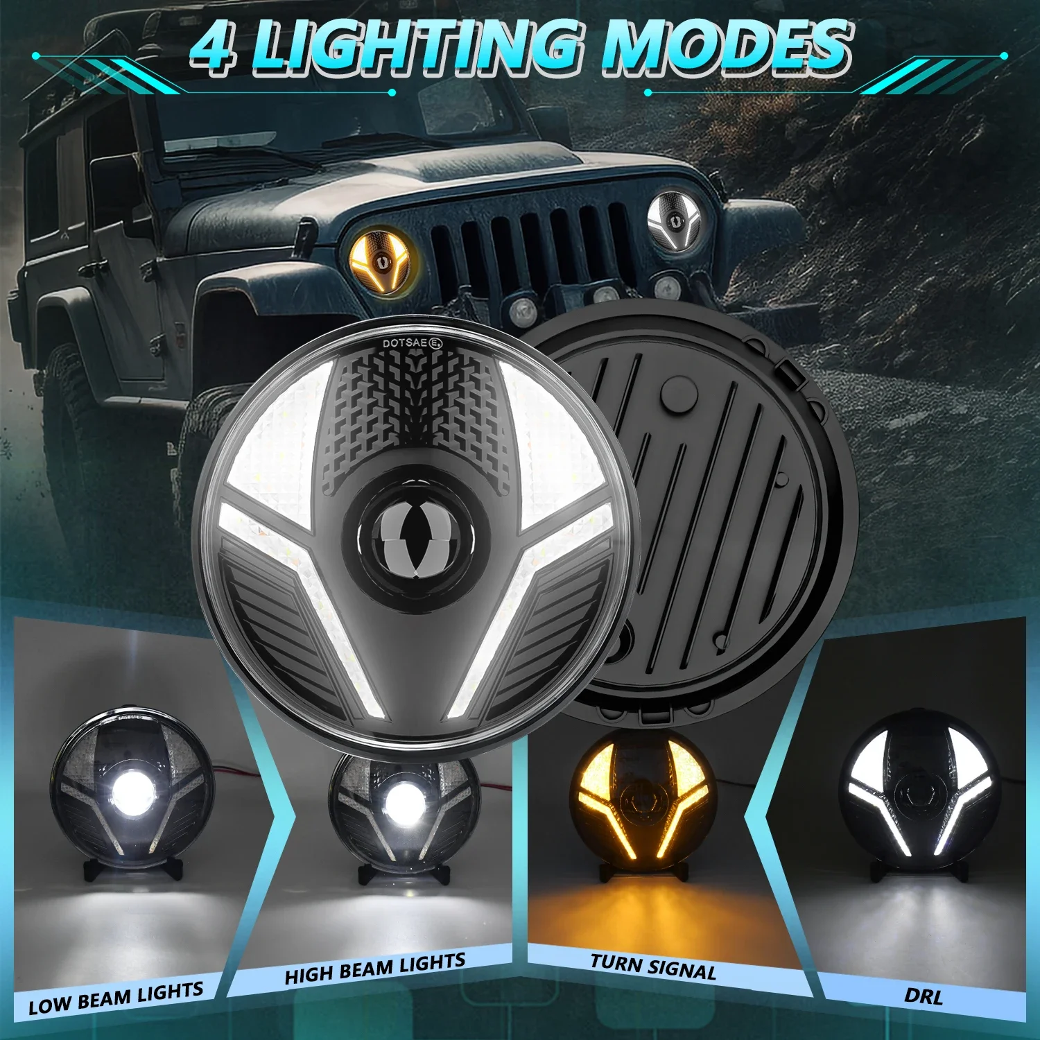 MONDEVIEW R14 H4 7-inch 280W high-power Wrangler headlights 6000K white 38000LM high brightness car daytime running lights