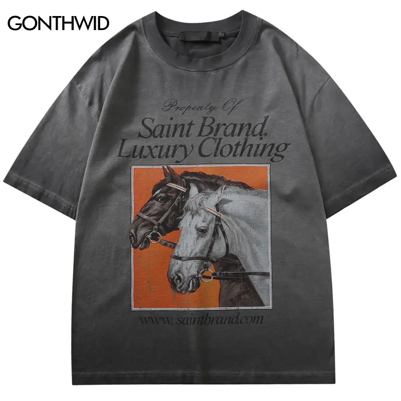 

Men Vintage Tshirt Y2K Retro Horse Graphic Printed T-Shirts Streetwear Hip Hop Punk Gothic Baggy Grunge Tee Harajuku Washed Tops