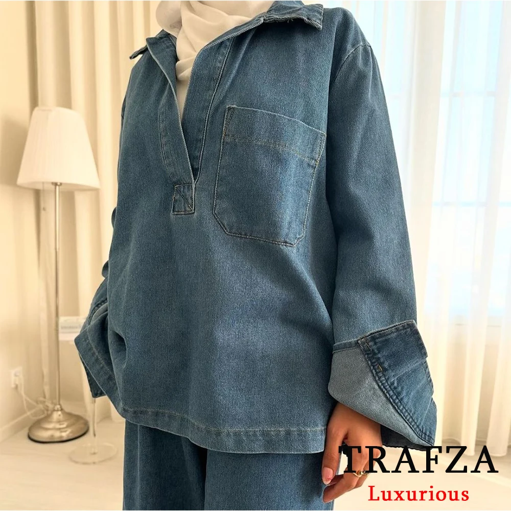 TRAFZA Vintage Casual Denim Chic Women Suit V Neck Long Sleeve Tops+Elastic Straight Pants Fashion 2024 Spring Street Wear Sets