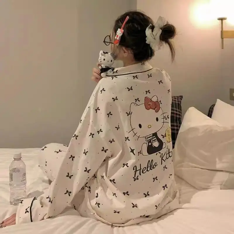

Sanrios пижамы для девочек «Hello Kitty» с героями мультфильмов, брюки с длинными рукавами, милая домашняя одежда, модная повседневная удобная свободная одежда, Лидер продаж