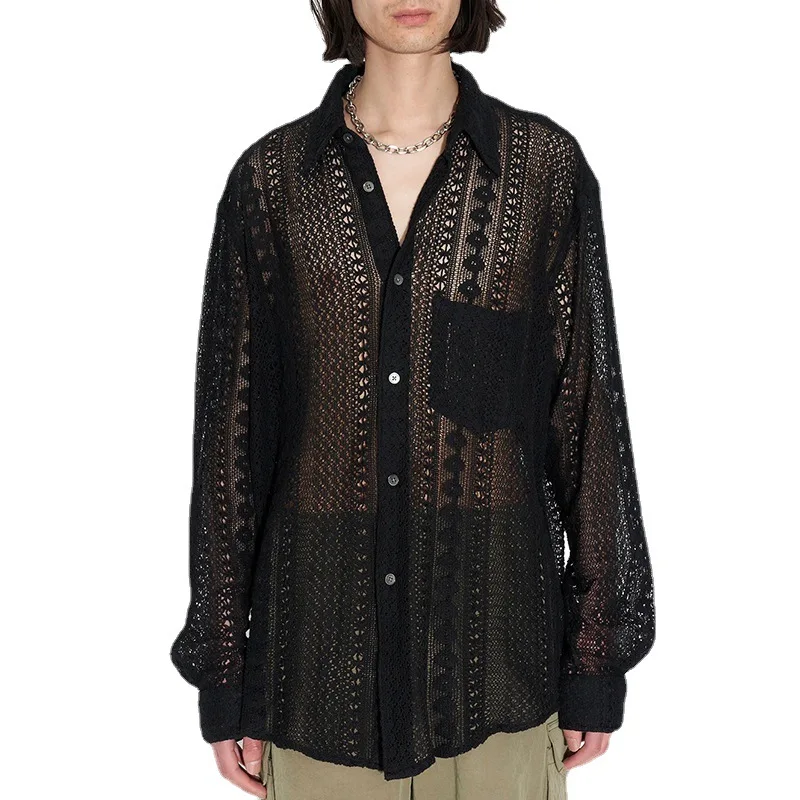 Tie Dyed Shirt Men's Casual Lace Cardigan Hollow Out Long Sleeved Shirt Mens Hip Hop Clothing Knitted Turn-down Collar Shirt
