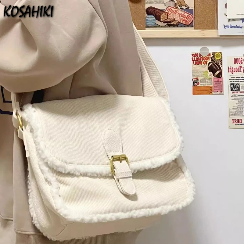 2024 New Women Patchwork Fluffy Shoulder Bag Korean Vintage Simple Casual Handbags Winter Preppy Ins Solid Crossbody Bags Trendy