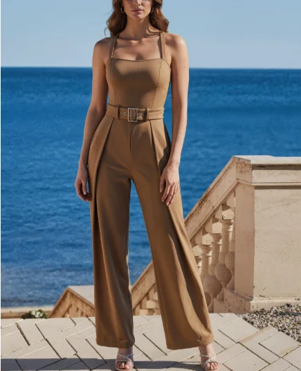 Mode high-end minimalistische elegante jumpsuit met afslankende tailleriem Temperament woon-werkverkeer Dames sexy wijde pijpen jumpsuits