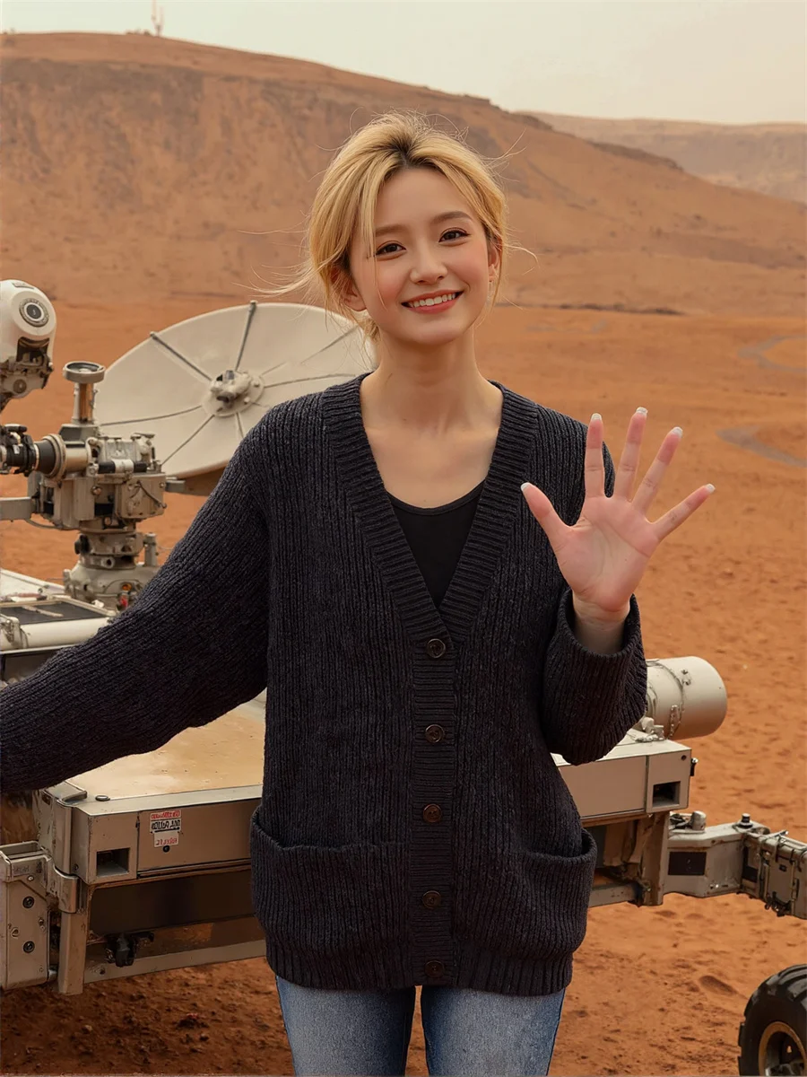 

Cardigans 2025 V-Neck Loose Single-Breasted Knitting Sweaters Jumpers Clothes For Women In Autumn Mesh Detail Tops Bottoming New