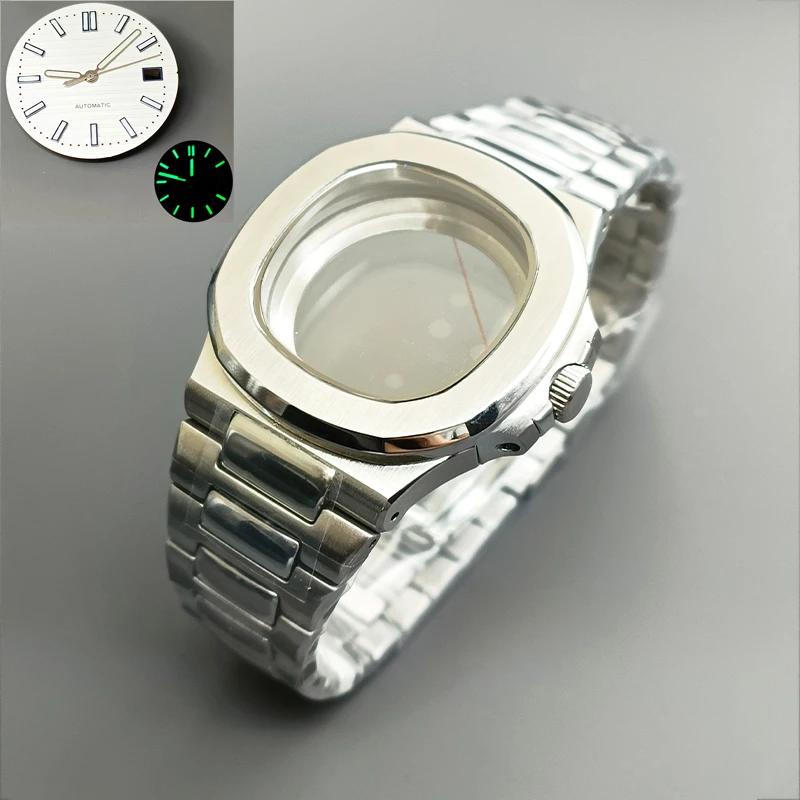 

39mm Nautilus Steel Watch Case Transparent Back Install Dial+Hands+Stainless Strap Fit NH35 NH36 4R Movement Sapphire Glass Case