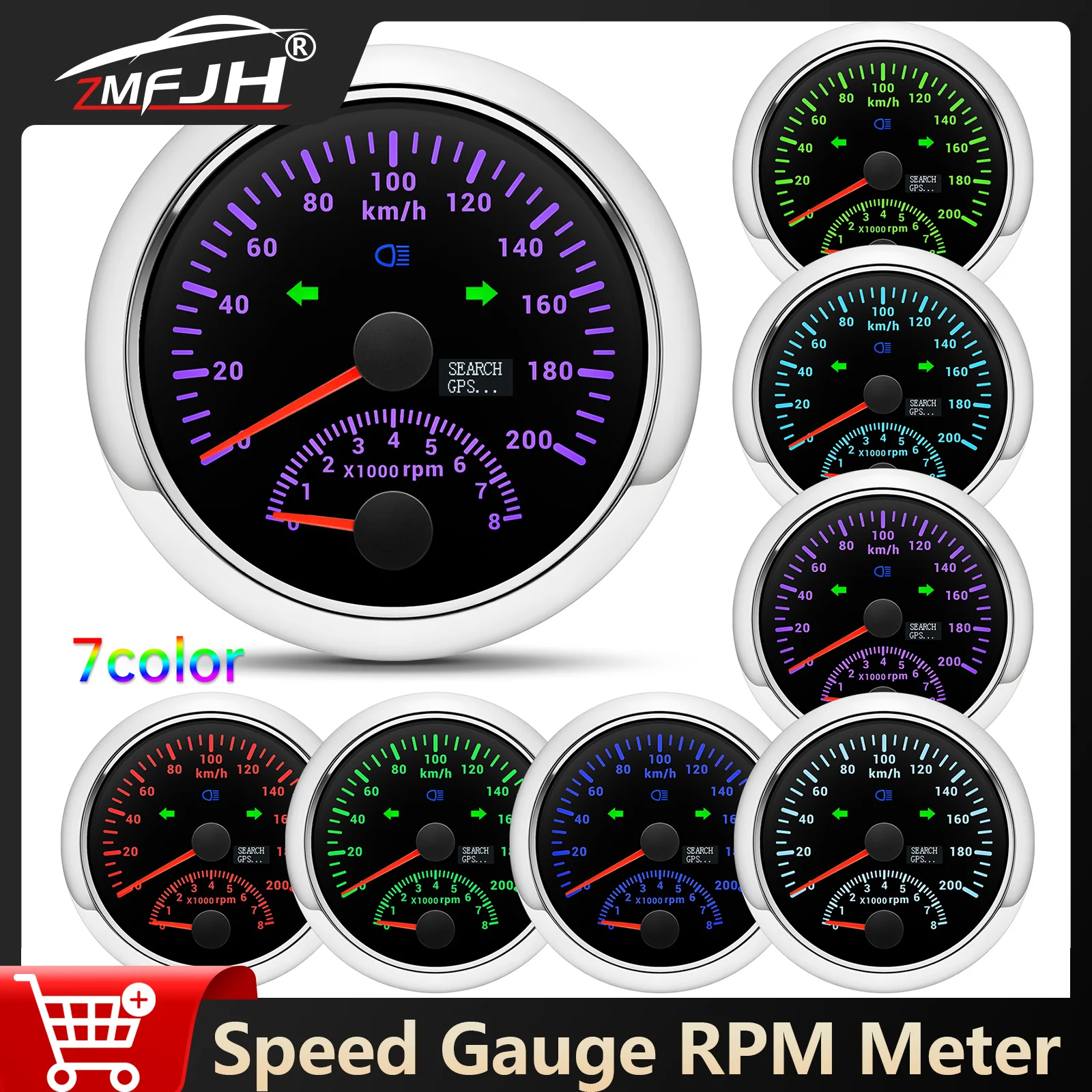 

85mm Digtial GPS Speedometer 0-8000 RPM Tachometer With Turn Signal Light 7 Colors Backlight Gauge For Marine Boat Car 12V 24V