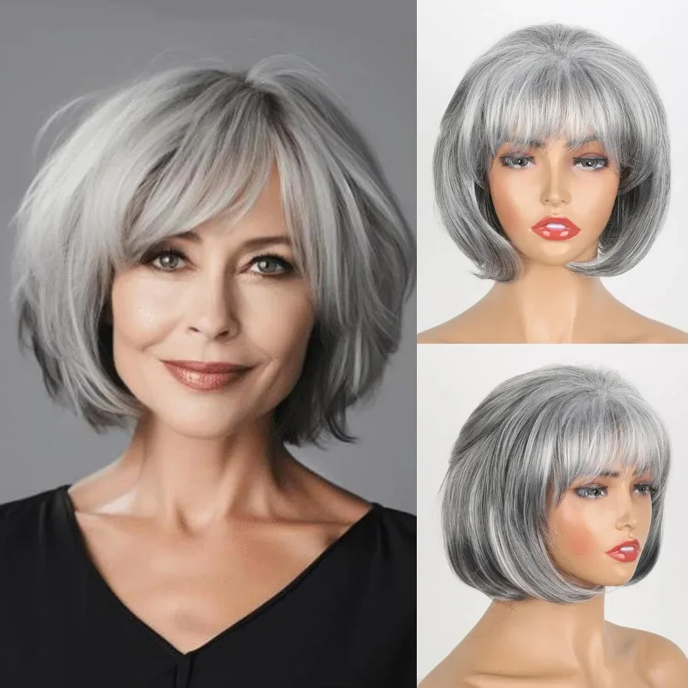 

Synthetic Wigs Natural Gray Brown Short Curly Fluffy BoBo Wig Women Simulation Cosplay Full Head Cover