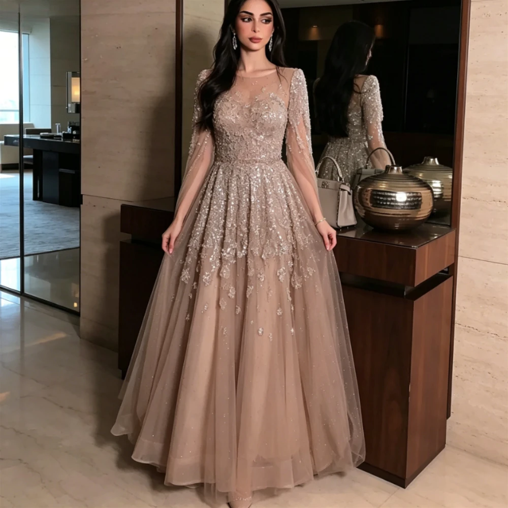 Maßgeschneiderte glänzende Tüll-Pailletten-Applikationen, exquisite Ballkleider, Fledermausärmel, A-Linien-Abendkleider, elegantes Partykleid