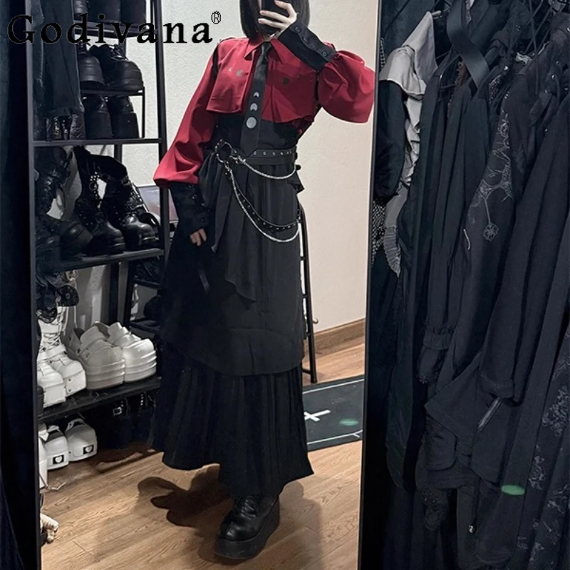 القوطية نمط لوليتا ملابس للنساء أسود أحمر جديد مطوي قميص أنيق التخسيس فستان بحزام طويل الدعاوى الفتيات اليابانية مجموعة