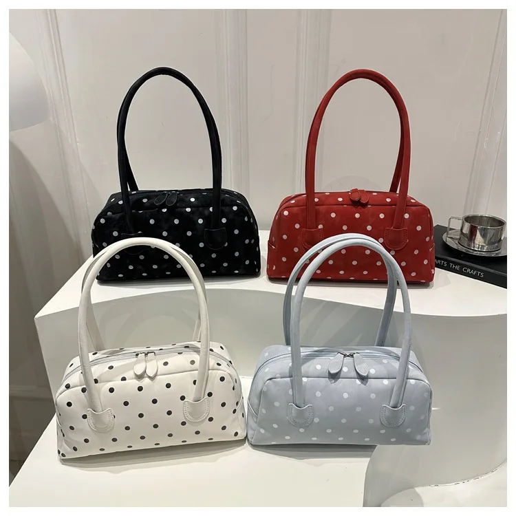 Retro Polka Dot Shoulder Underarm Bags for Women Simple Portable Ladies Bowling Bag Versatile Large Capacity Female Handbag view 5