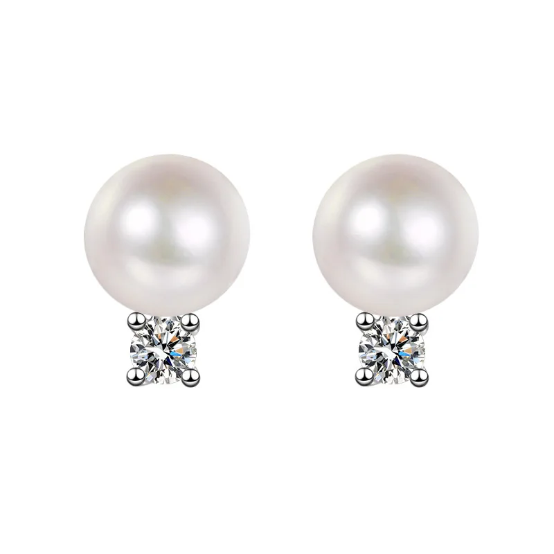 LORIELE 9mm Freshwater Cultured Pearl Bridesmaid Stud Earrings With Moissanite Top Sterling Silver Ear Studs Wedding Jewelry