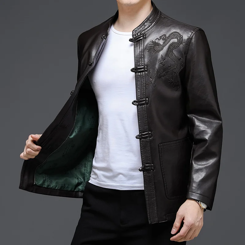 Top Grade Men Leather Jacket 2023 New Autumn and Spring Business Casual Classic Embroidered Pu Motorcycle Coat