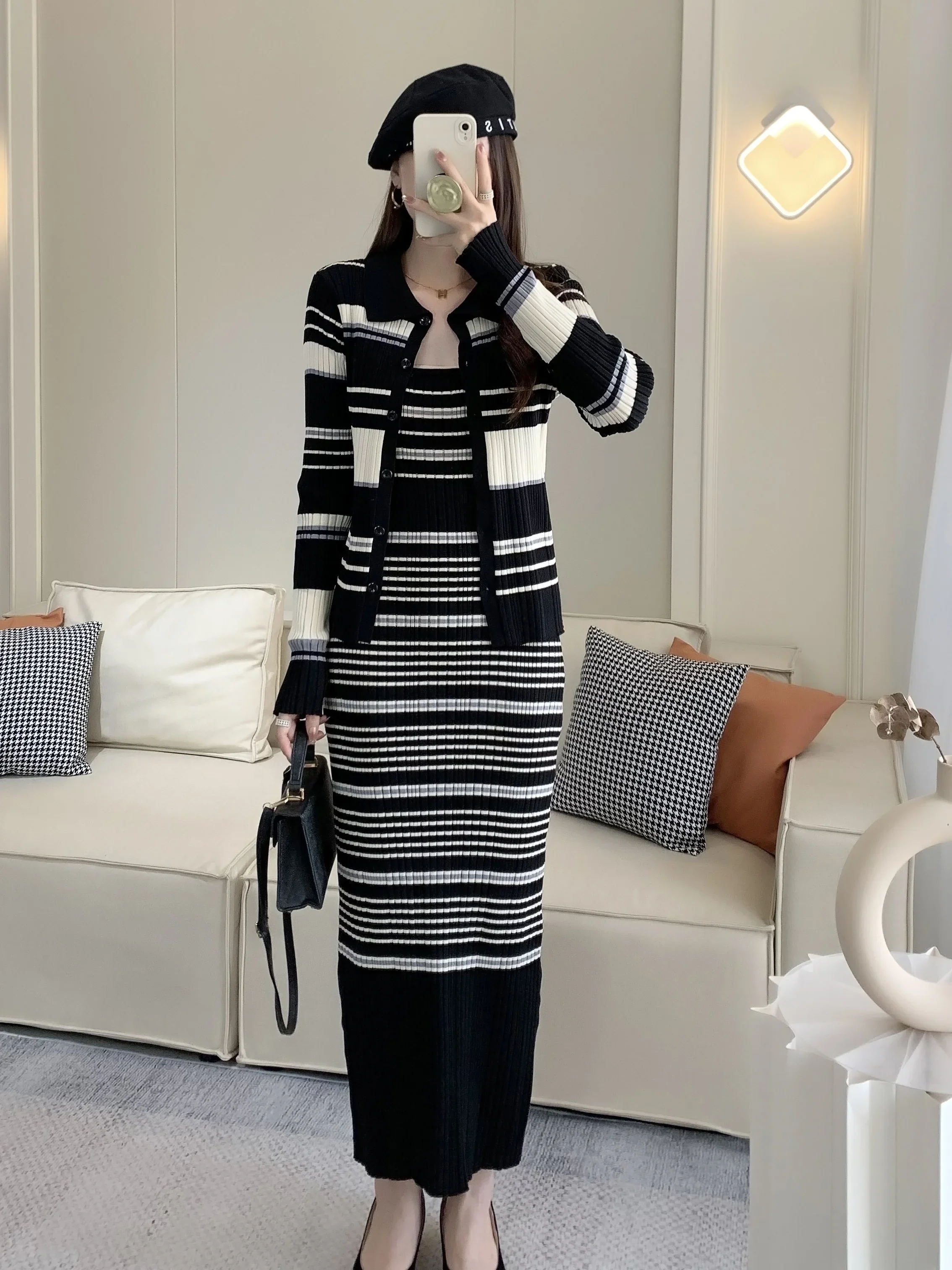 Casual Knitted Skirt Suits Female Korean Fashion Striped Long Sleeve Cardigan Sweater Coat Strapless Mid Dress 2 Piece Sets