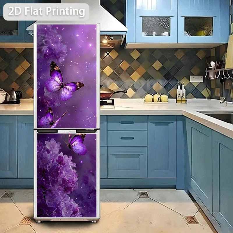 Refrigerator Sticker Purple Butterfly Dancing Around Flowers Theme Design Wall Sticker Decoration Wallpaper Self-A