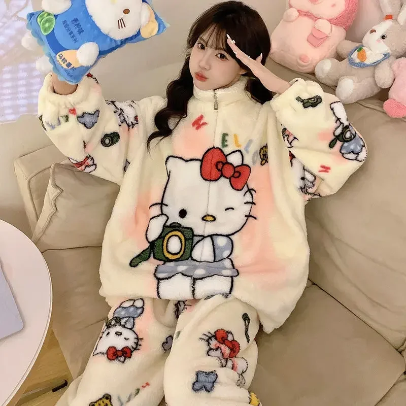 

Hello Kitty Kuromi Anime MINISO Kawaii Ins Coral Velvet Pajamas Autumn Winter Cute Cartoon Long Sleeve Coat Pants Set Gifts Toys