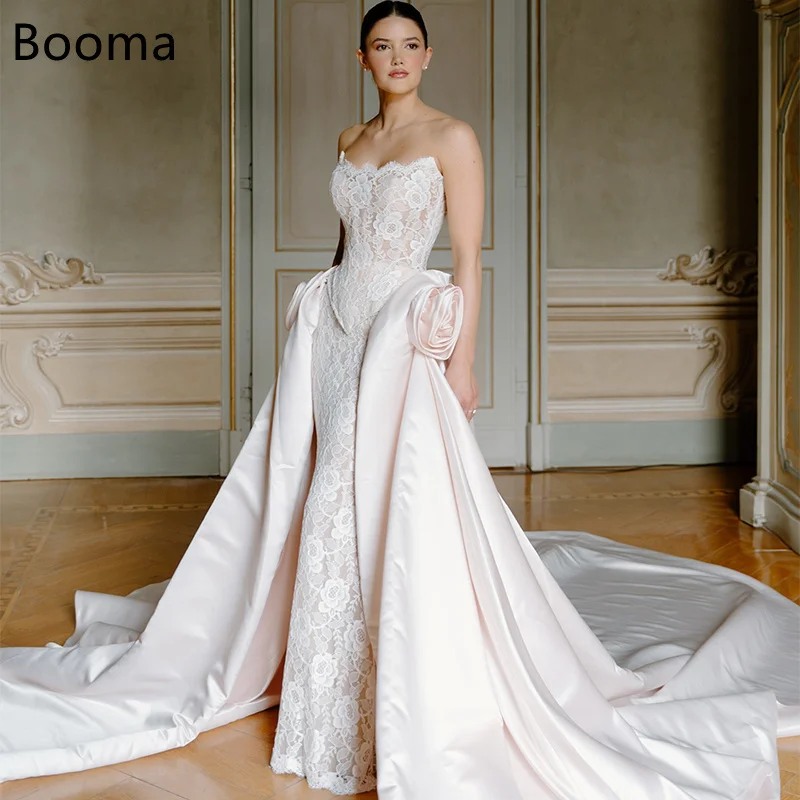

Booma Mermaid Strapless Princess Wedding Dresses Lace Long Flower Pleat Sleeveless Satin Brides Gown Custom Made 2025