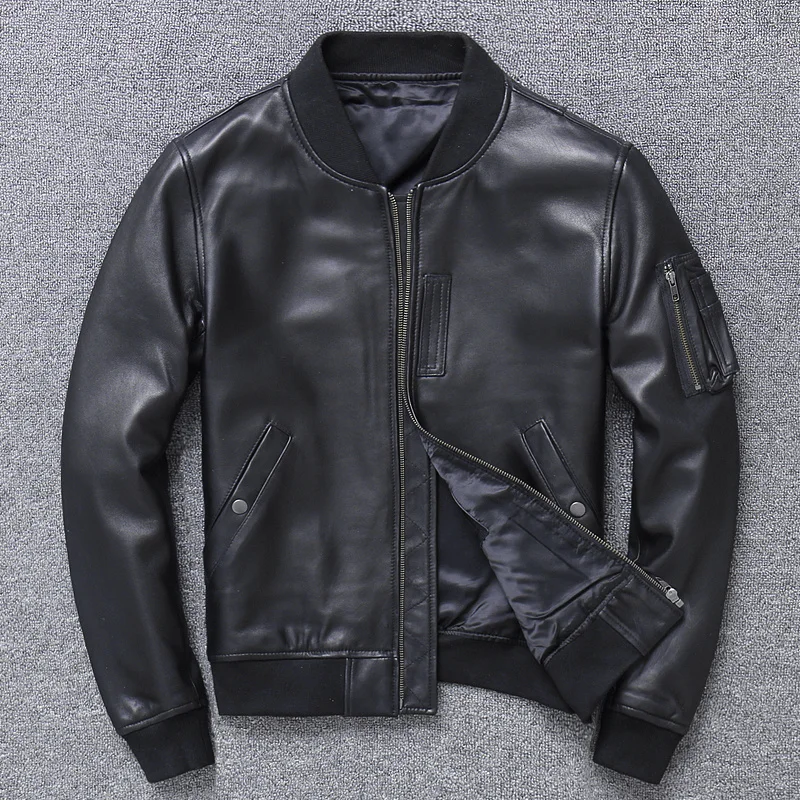 man Free shipping.Brand new genuine leather coat,men's soft sheepskin MA-1 jacket.classic Bomber Pilot jackets.fashion clothes