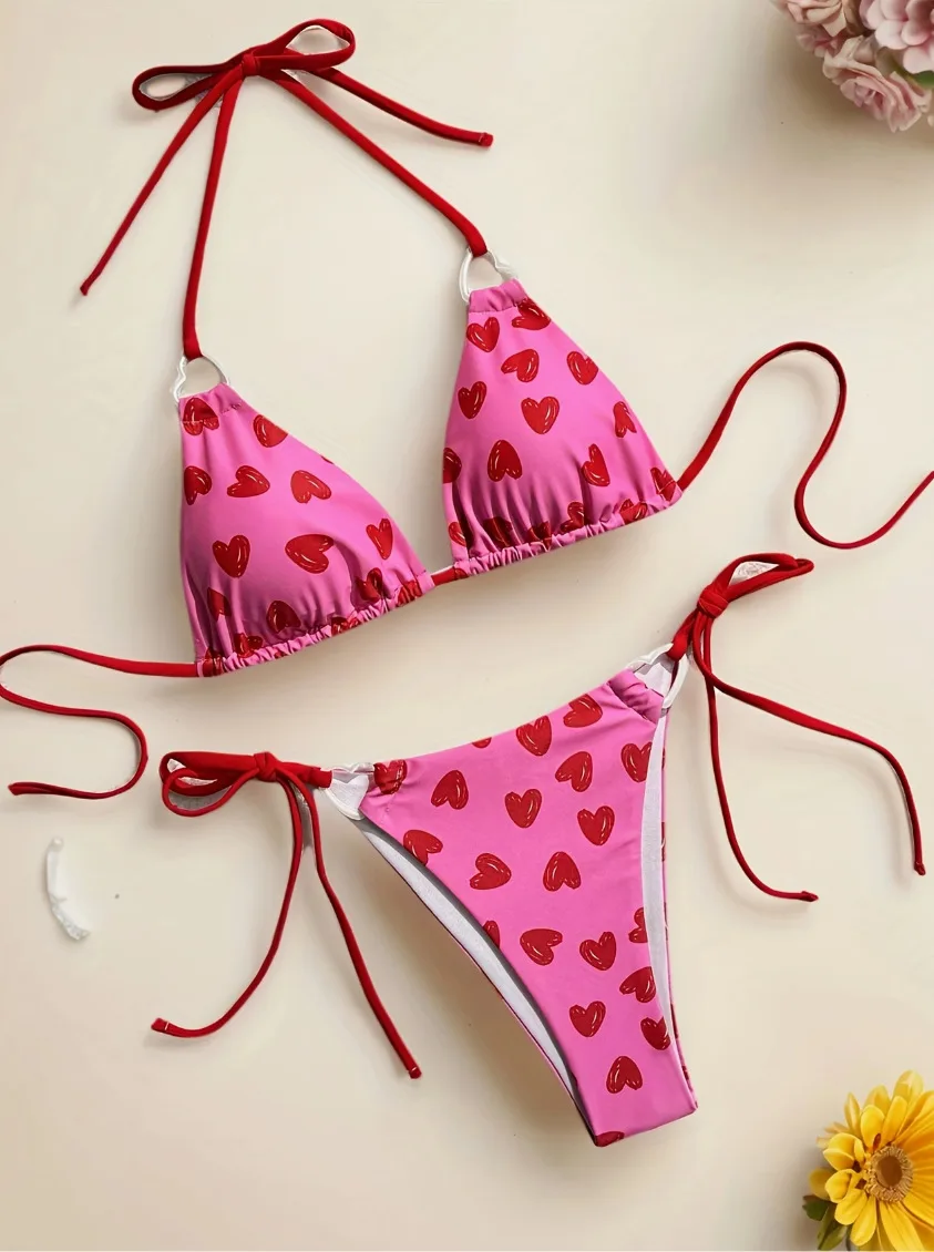 Seksowne różowe mikro bikini z wzorem serca, dwuczęściowe stroje kąpielowe wiązane na szyi, odzież plażowa, kostium kąpielowy, biquini, tankini