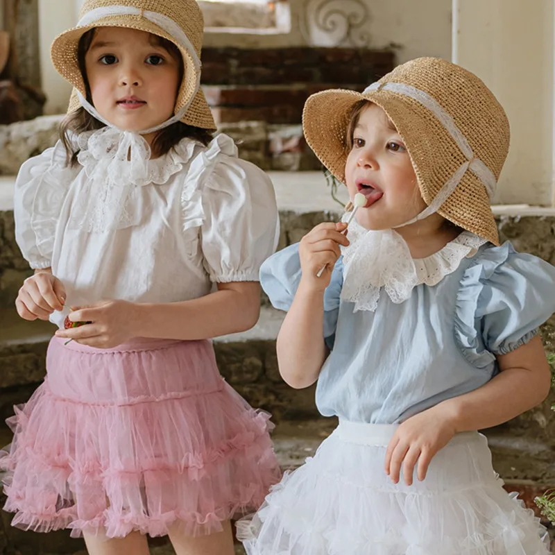 

Girl Shirt Top 2024 Summer Korean Style Girls Kids Phoeblem Sweet and Cute Cotton Puffy Sleeve Shirt Baby Girl Princess Top