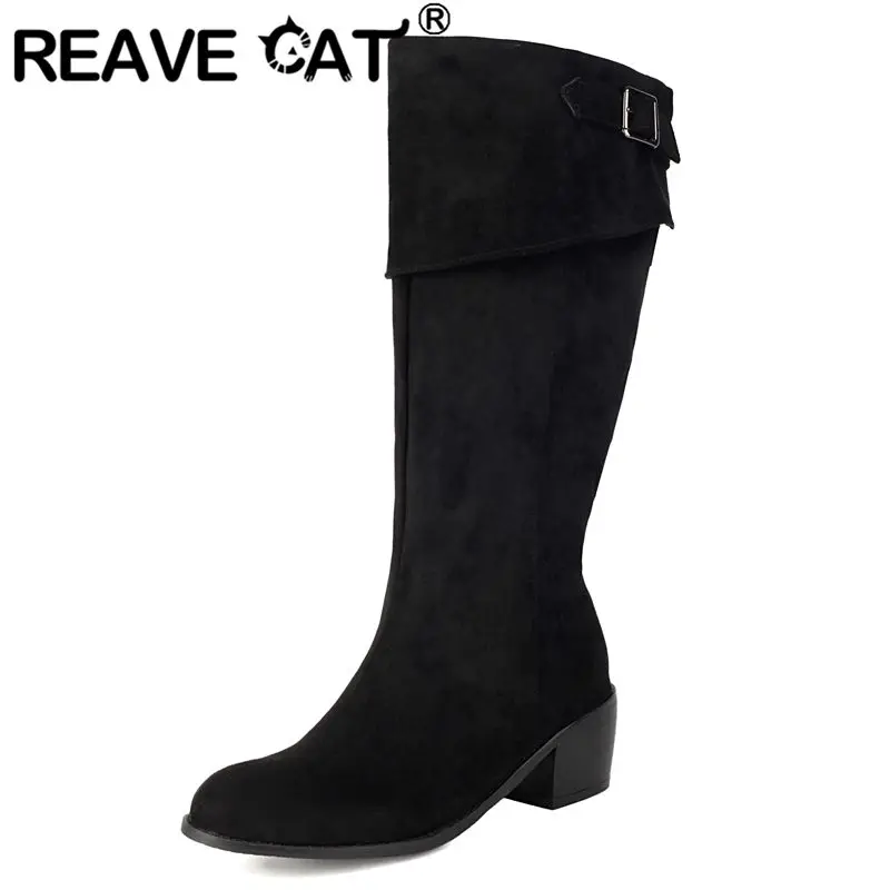 

REAVE CAT 2025 Замшевые женские сапоги до колена из флока с круглым носком и блочным каблуком 6 см без шнуровки большого размера 41 43 44 45 Daily Bota