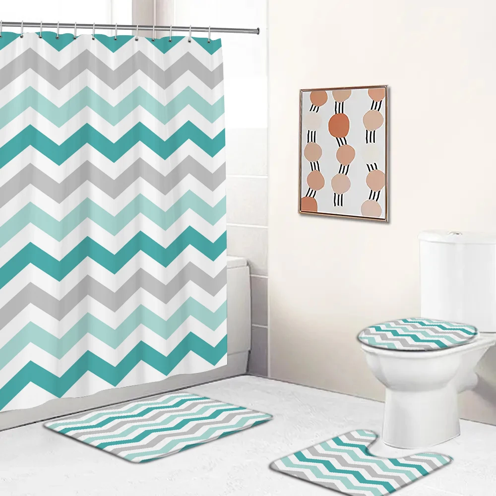 Teal Grey Aqua Blue Chevron Pattern Shower Curtain Bathroom Curtains Set Geometric Bath Mat Rug Carpet cortina de ducha 180x180