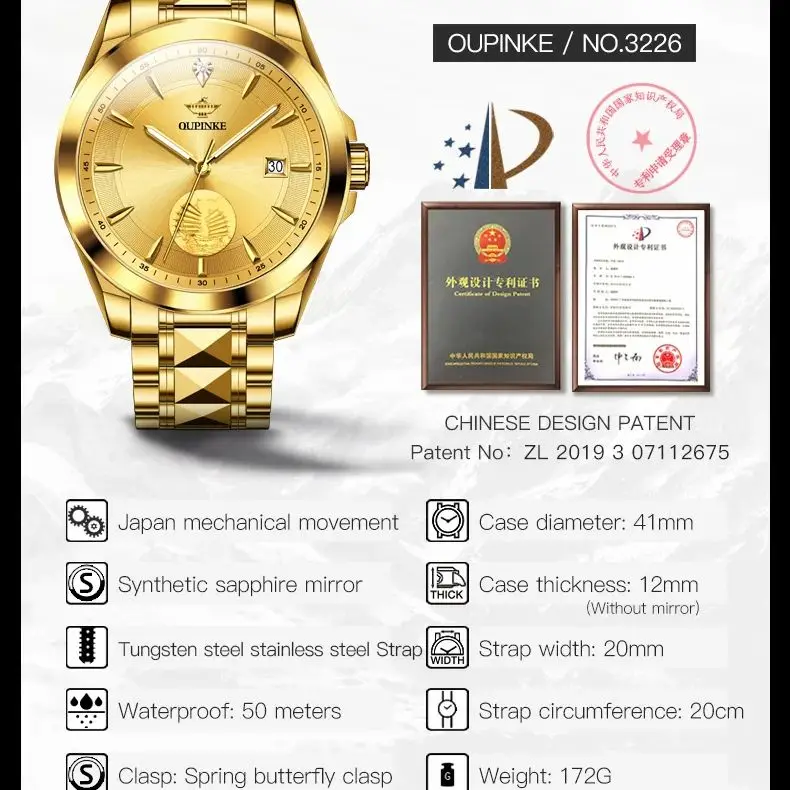 Oupinke 3226 masculino luxo importado todo relógio mecânico automático calendário marca de aço tungstênio verdadeiro ouro verdadeiro diamante relógio masculino