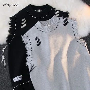 Camisola coletes masculino desgastado borda crua confortável sem mangas all-match estilo japonês tricô lazer diário chique estética clássico