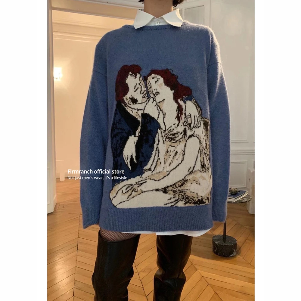 

Firmranch Spring Autumn Unisex Baggy Hipster Long-sleeved Blue Painting Sweater For Men Women Vintage Knitwear Pullover Top