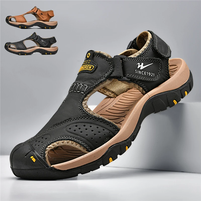 Double Star Men's Summer Outdoor Leather Sandals Closed Toe Anti-Collision Anti-Slip Wading Hiking Casual Walking Shoes