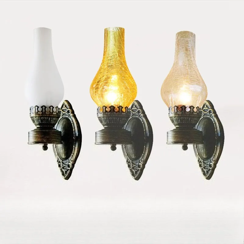 

American Retro Wrought Iron Wall Lamp Old-fashioned Glass Antique Lamps Cafe Qingba Hotel Corridor Matte Lights