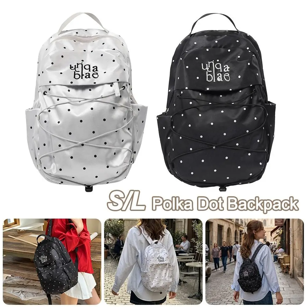 Nylon Material Polka Dot Backpack Large Capacity Durable Construction Drawstring Rucksack Lightweight Design Portable Size