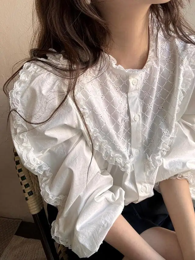 

Korean Sle Loose Women's Bubble Sve irt Lace Trim Heavy Embroidery Slimming Design Vintage Long Sve round Ne Top