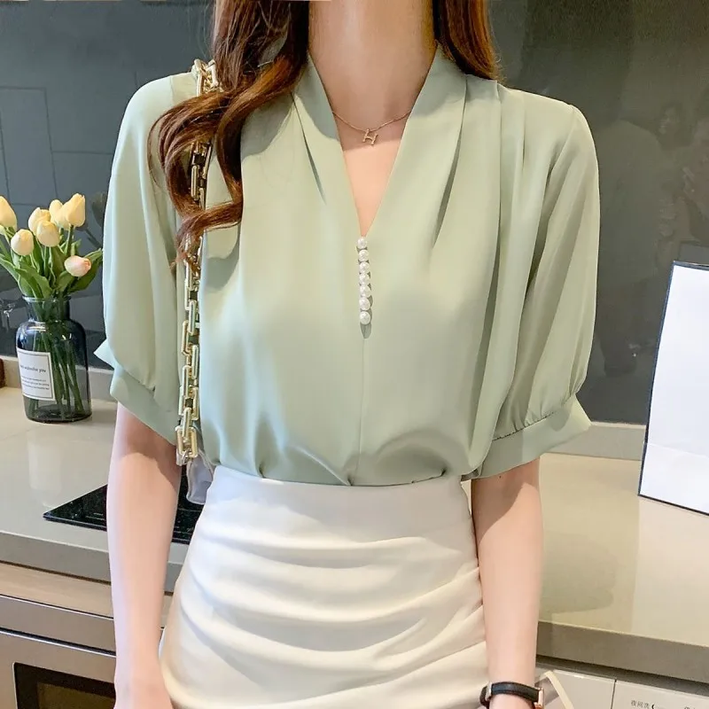 Women Summer Style Blouses Shirts Lady Casual Short Puff Sleeve V-Neck Beading Decor Blusas Tops WY1035