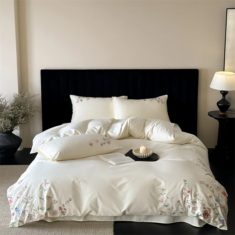 Cottagecore Flowers Embroidery Luxury Bedding Set 600TC Egyptian Cotton Brushed Duvet Cover Flat/Fitted Sheet Pillowcases 4Pcs